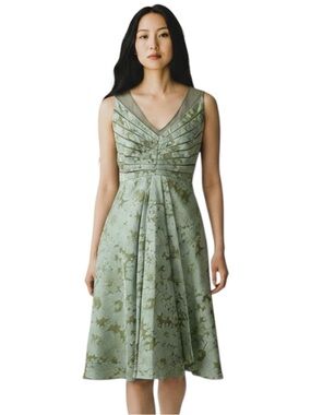 Adrianna Papell Satin Green Floral Sleeveless Dress NWOT 14P